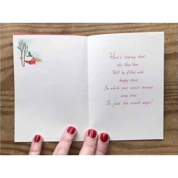 Vintage Gibson Winter Cabin In Snow Pine Trees New Year’s Card Junk Journaling - Picture 2 of 3